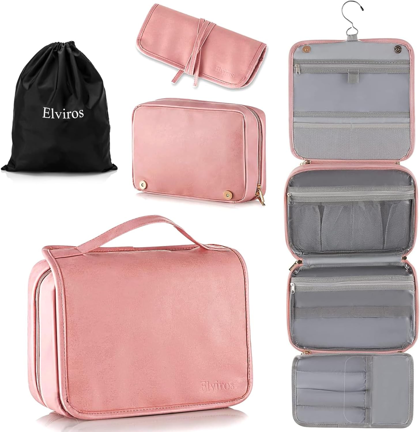 Elviros Hanging Travel Toiletry Bag for Women, 3-in-1 Large Makeup Bag and Cosmetic Organizer, Vegan Leather Waterproof Skincare Case for Travel Size Toiletries and Accessories