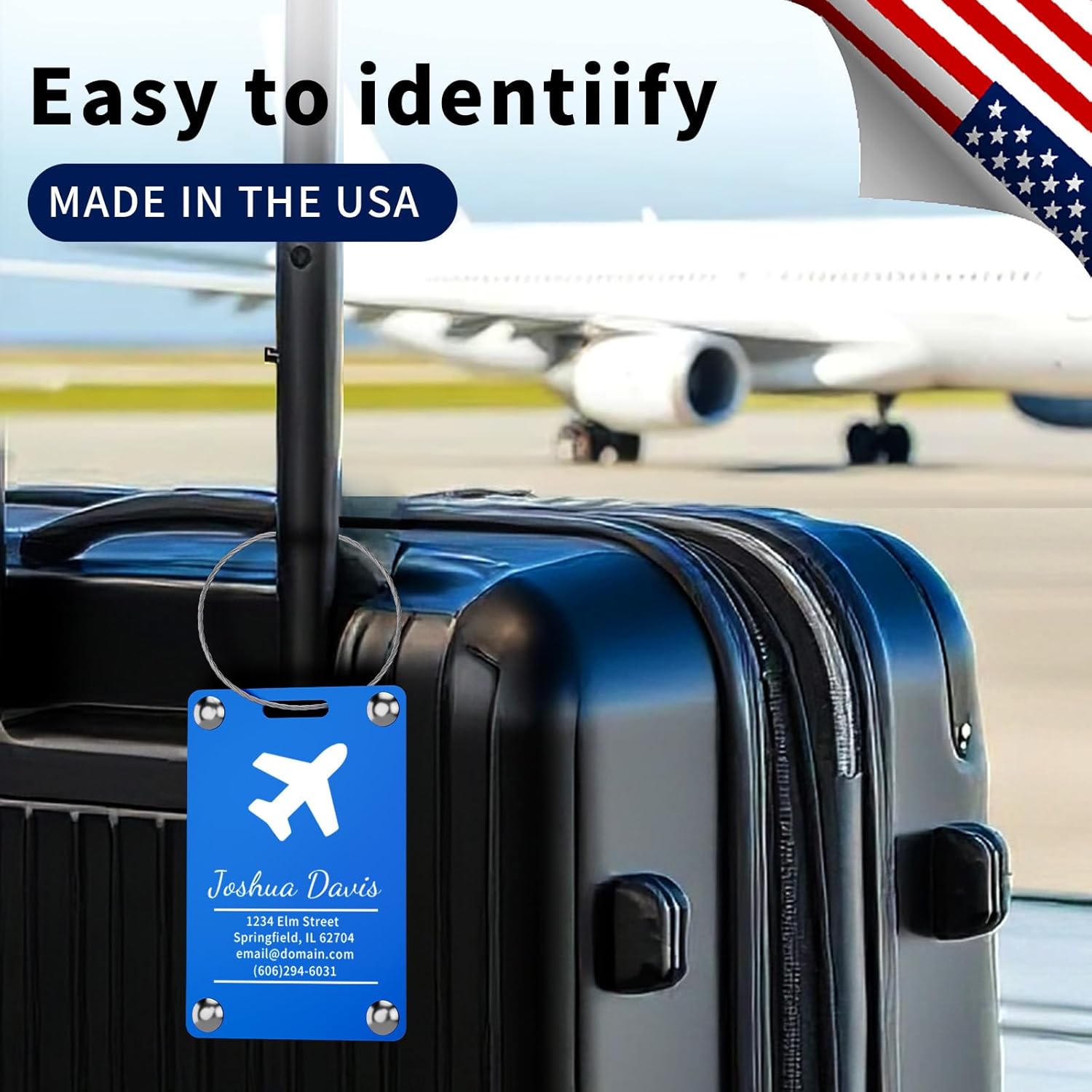 4 Pack Personalized Luggage Tags for Suitcases, Handmade Engraved Stainless Steel Custom Luggage Tags for Cruise Travel with Stainless Loop, Suitcase Identifier Metal Name Baggage Tag