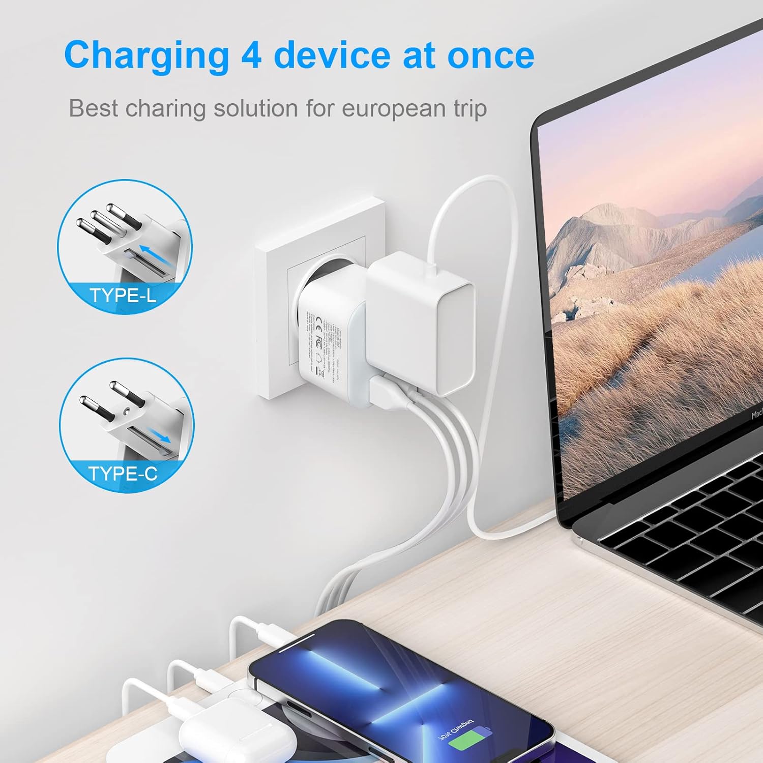 European Travel Plug Adapter, Foldable Power Adapter with 3 USB(1 USB C Port) and 1 AC Outlets, 2 in 1 Type C/L EU Outlet Adapter for US to Most of Europe France Germany Spain Italy(1 Pack)
