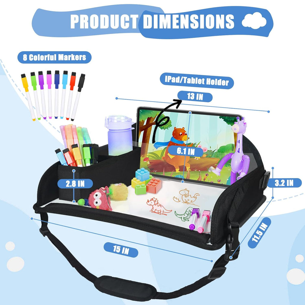 Upgraded Kids Travel Tray for Airplane - Toddler Car Seat Table Tray, Road Trip Essentials for Boys & Girls, Carseat Lap Desk for Kids Road Trip Activities, Black - 2 PCS