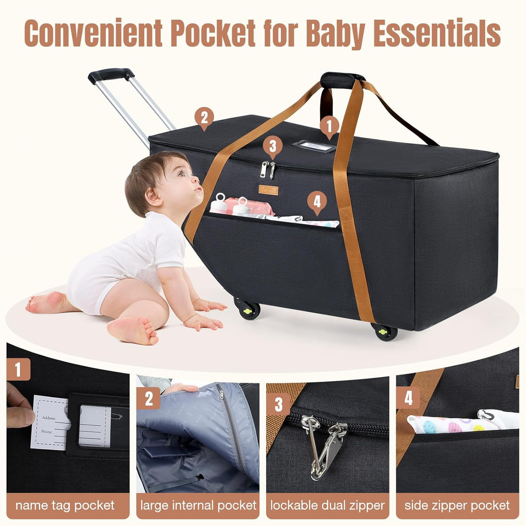 Infant Car Seat Travel Bag with Wheels Fits Chicco KeyFit 30,Nuna Pipa,UPPAbaby MESA, Padded Car Seat Bags for Airplane, Gate Check Bag with Side Pocket, Removable Cover for Air Travel, Black