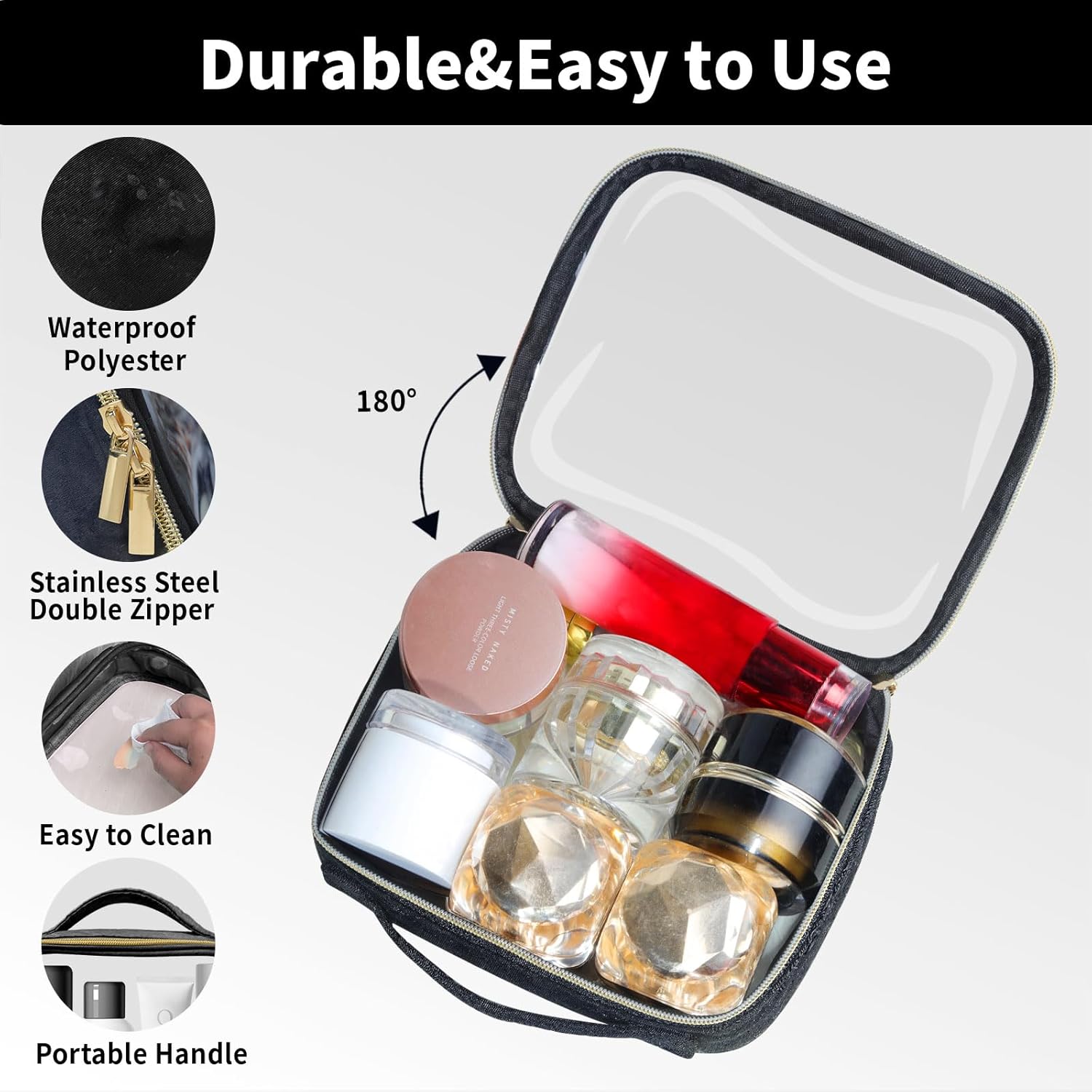 Travel Toiletry Bag,2 Pack Clear Makeup Bags with Handles,180°Opening Clear Cosmetic Bags for Traveling Women,Men,Travel Essentials,Black