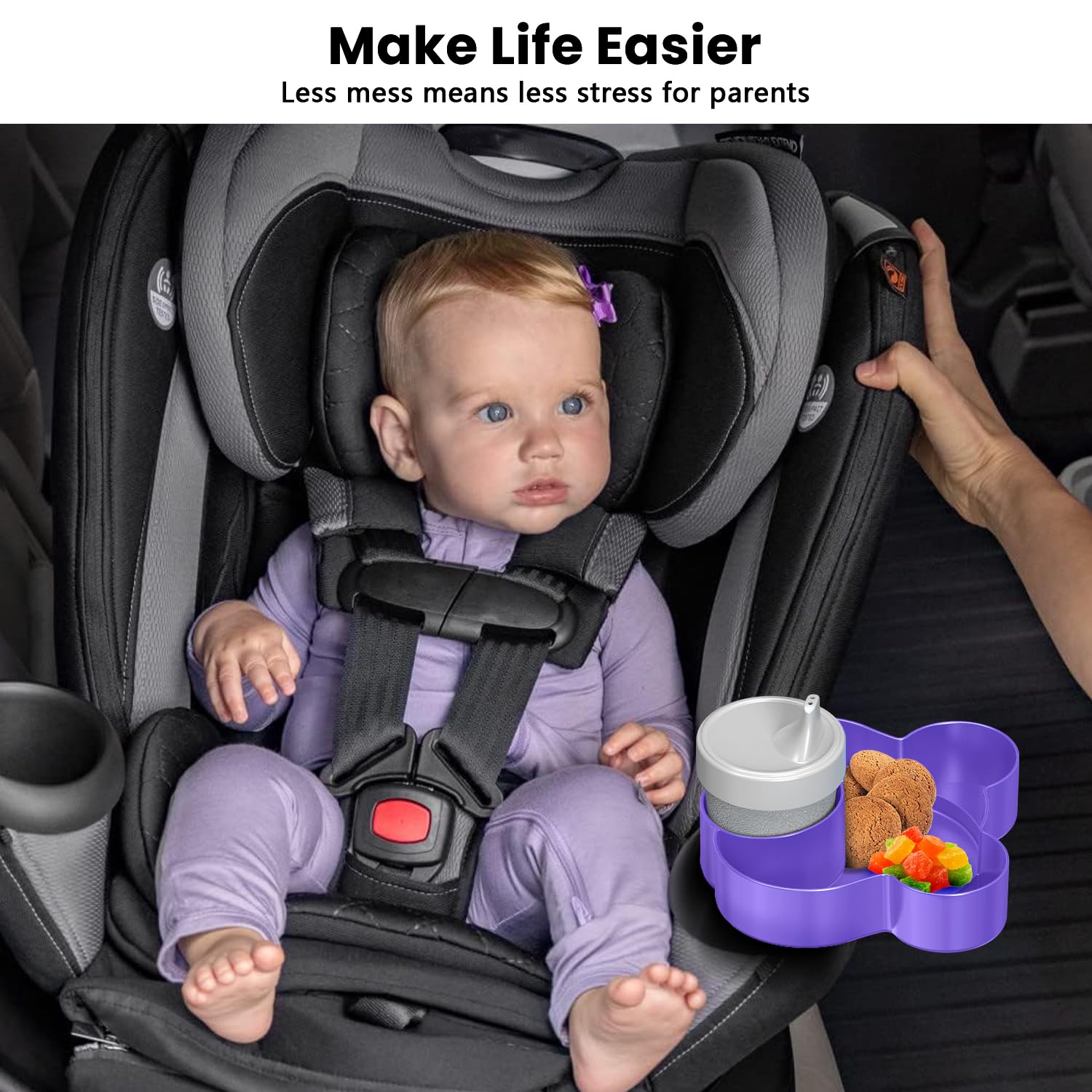 BlueOrigin Car Seat Snack Tray - Travel Tray for Kids Car Seat, Stroller, Booster and Anywhere with a Cup Holder, Toddler Road Trip Essentials Food Plate for Snacks, Toys, Entertainment (Purple)