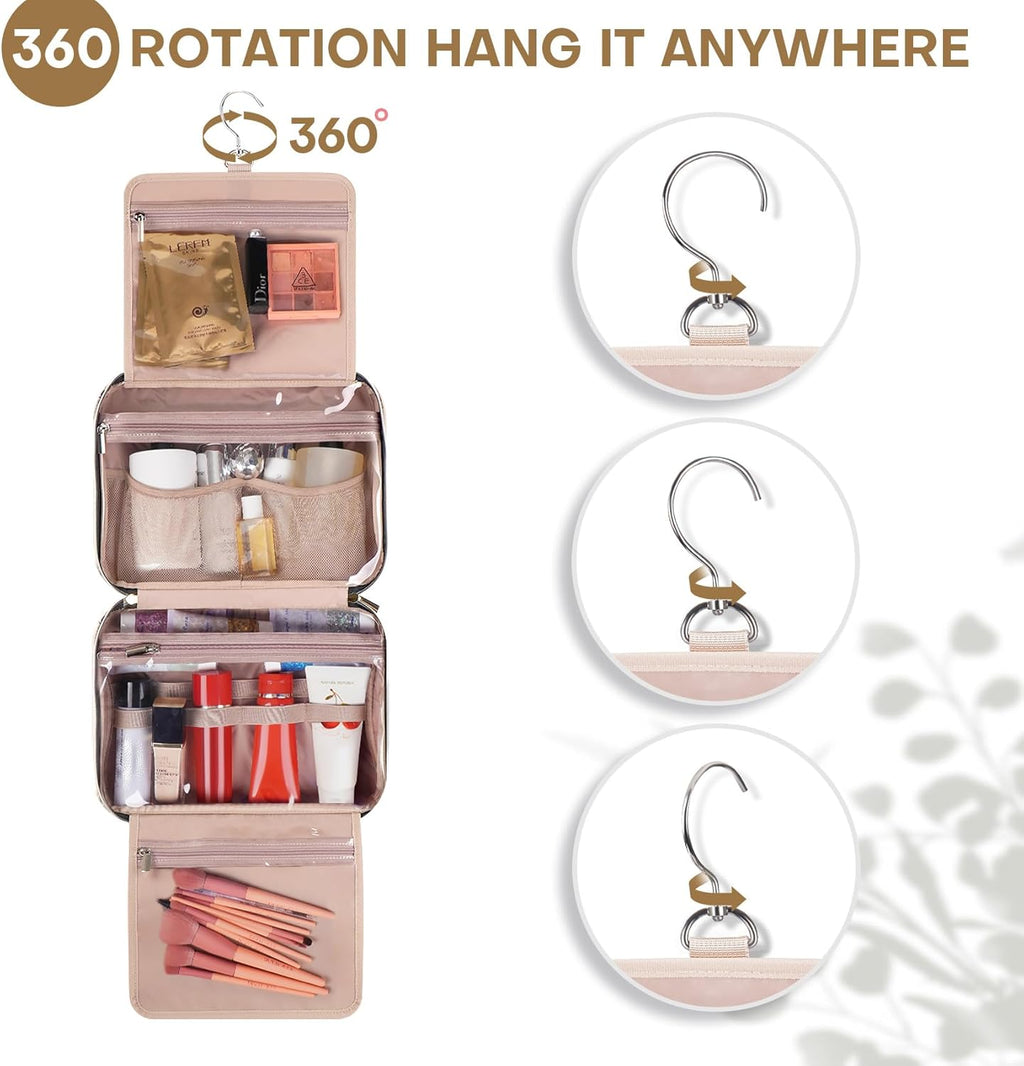 Hanging Toiletry Bag for Women Travel, 2 Sizes Large & Small Waterproof Cosmetic Organizer with 4 Compartments, Rotating Hook, Foldable Pink Travel Bag for Toiletries & Makeup - Medium Beige