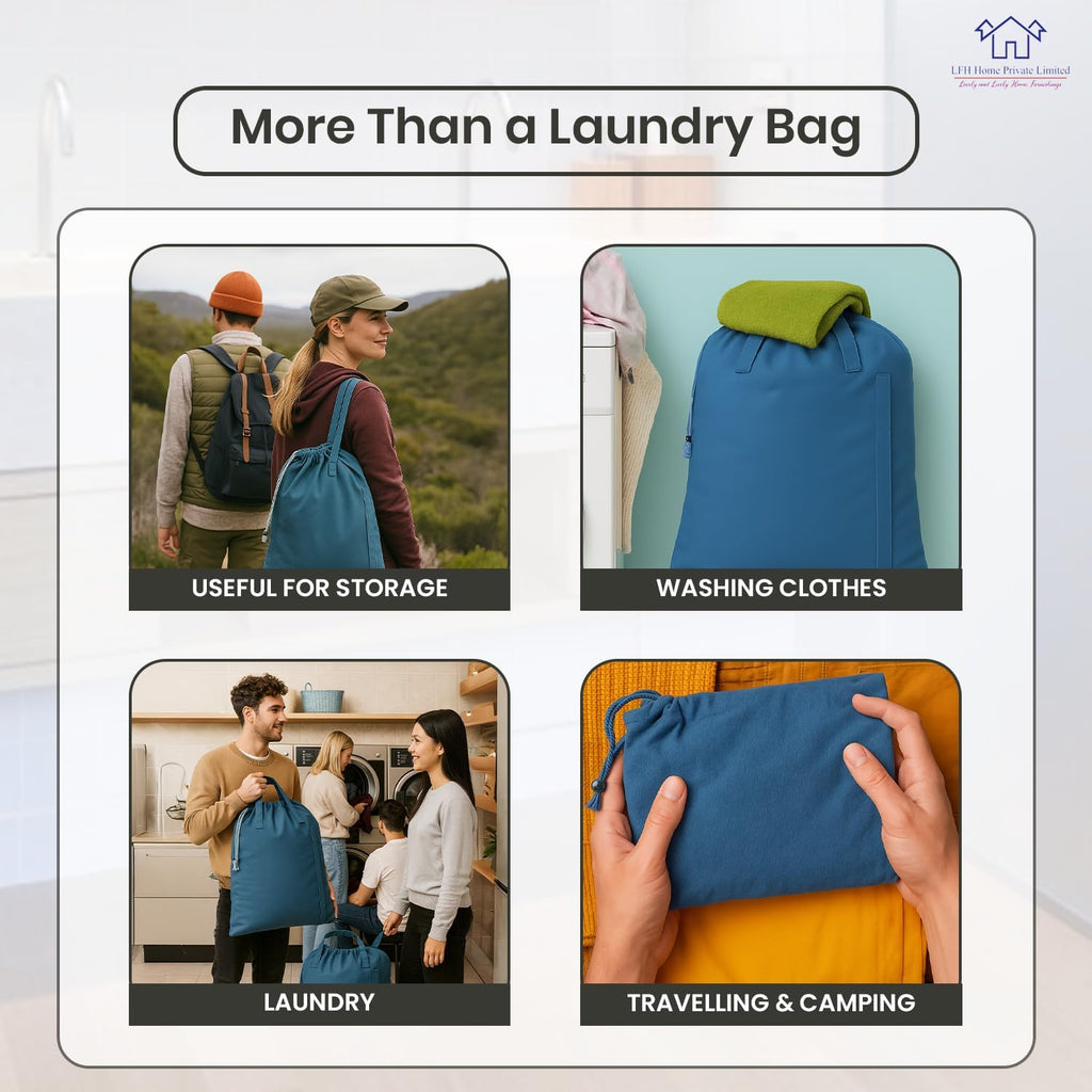 LFH Home Cotton Canvas Large Laundry Bag with Handle, Heavy Duty Drawstring Closure Washable Laundry Bags, School Travel, Home, Hotel, College Dorm, Organizer Sack, Toys Clothes 28x36-Sky Blue
