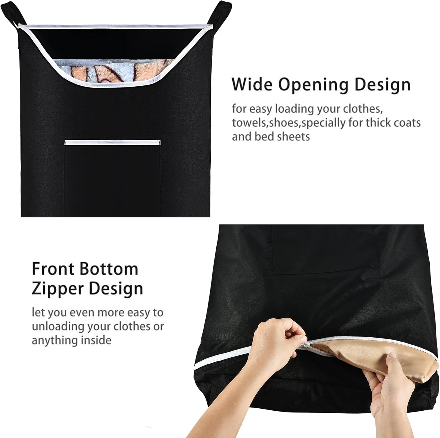 Hanging Laundry Hamper Bag Behind Door Hampers for Laundry Hanging Save Space Zipper Laundry Hamper Door Hanging with 2 PCs Stainless Steel Hooks Suction Hooks for Wall/Bathroom (Black)