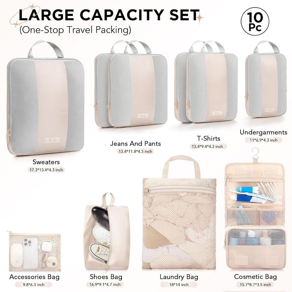10 Set Compression Packing Cubes for Travel Women Mom,OlarHike Luggage Clothes Storage Gifts for Travelers,Airplane/Cruise/Car/Train Travel Essentials,Compressible Expandable Saver Space Bags(Beige)