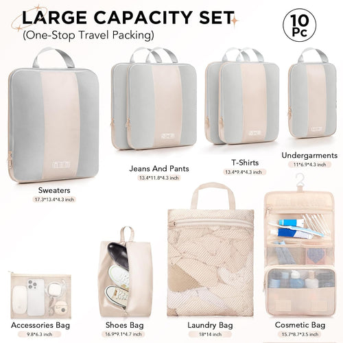 10 Set Compression Packing Cubes for Travel Women Mom,OlarHike Luggage Clothes Storage Gifts for Travelers,Airplane/Cruise/Car/Train Travel Essentials,Compressible Expandable Saver Space Bags(Beige)