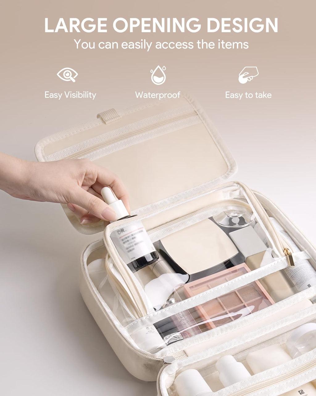 Lotour Travel Toiletry Bag for Women with Travel Size Silicone Containers Set, Hanging Toiletry Bag for toiletries, Cosmetic Bag Travel Organizer (White)