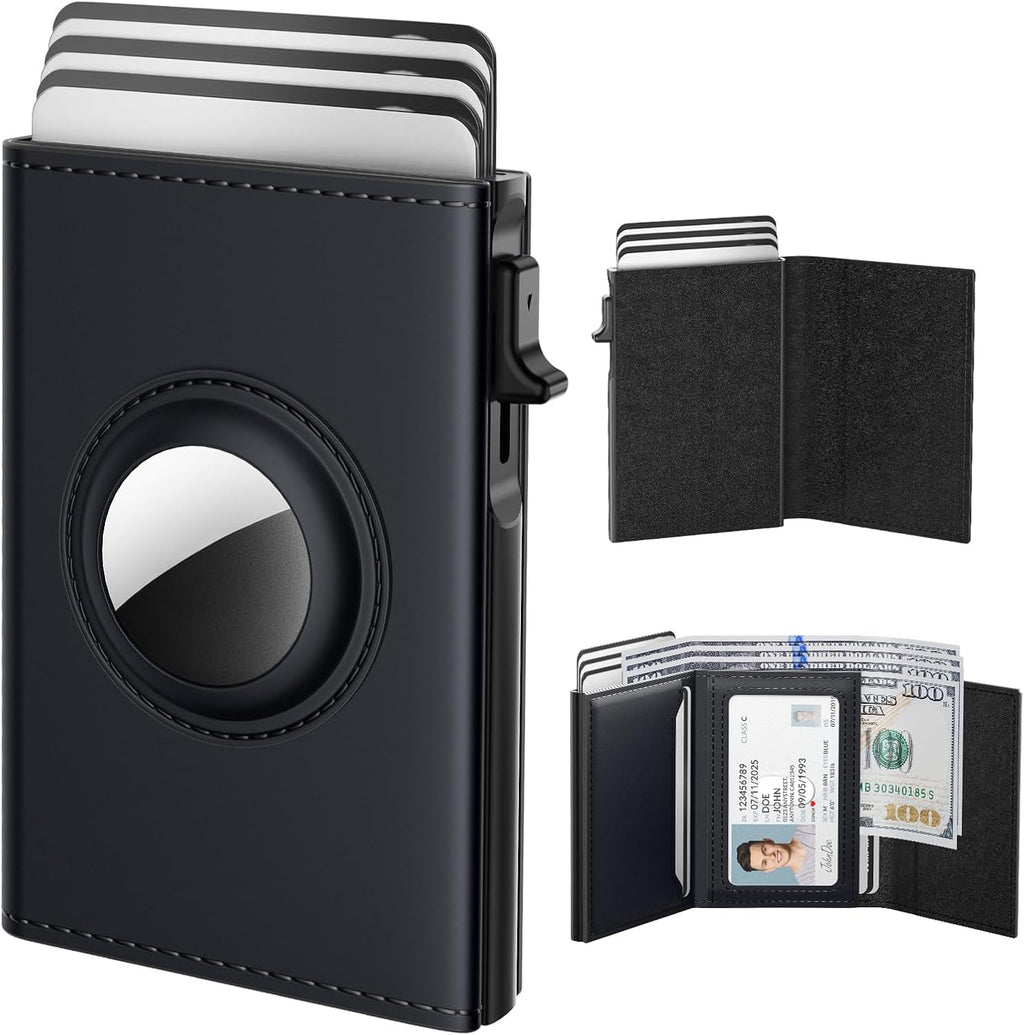 typecase Mens Wallet Card Holder for AirTag: Leather Smart Wallet for Men Compatible with Apple Air Tag, RFID Blocking, Slim, Minimalist - 9-14 Card Capacity | ID Window | Cash Slot (Deep Black)