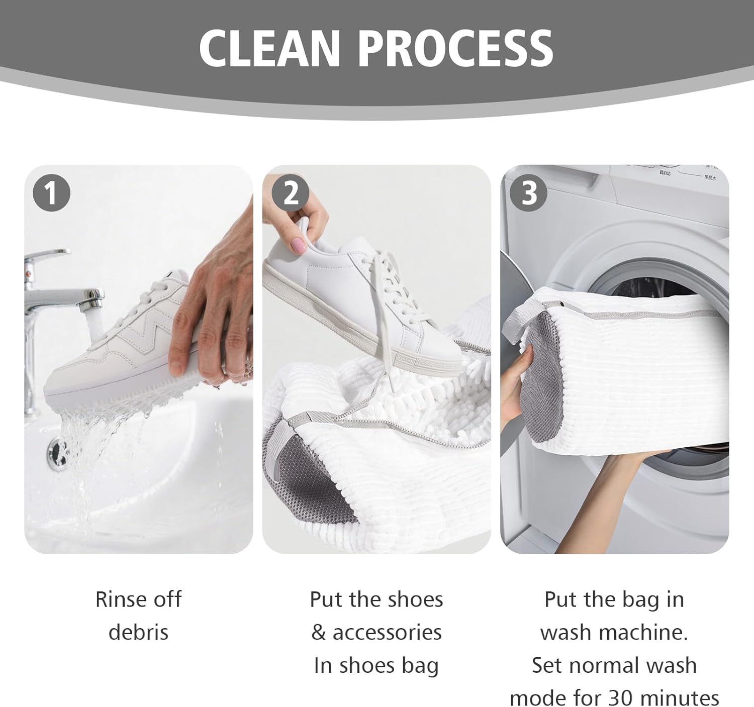 HEAVYWOOD Shoes Bag for Washing Machine Reusable Shoe Cleaning Washing Machine Bag Sturdy Anti-Rust Zipper 15.7’’*7.8’’ Shoe Laundry Bag for Washer and Dryer for Sneakers, Trainers (White, 2Packs)