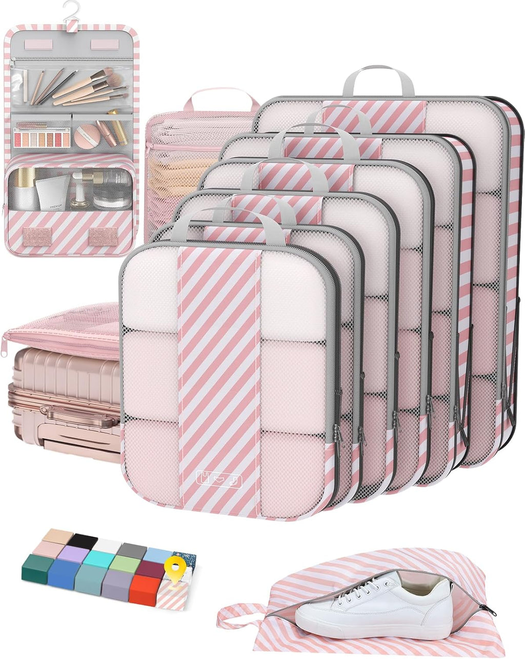10 Set Compression Packing Cubes for Travel Essentials,Compressible Expandable Packing Cubes for Suitcase,OlarHike Luggage Organizer Bags for Travel,Handy Helper for Organizing Clothes(Pink Stripped)