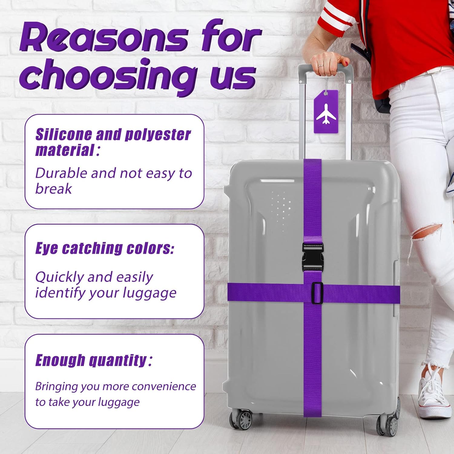 Weewooday 8 Pcs Luggage Straps Suitcase Tags Set for TSA Approved, 4 Travel Adjustable Suitcase Belt, 4 Silicone Luggage Tags with Name ID Card Travel Accessories(Dark Purple,Airplane)