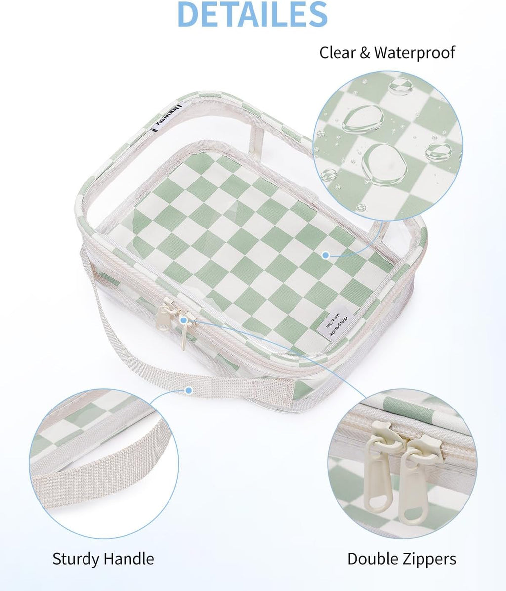 Narwey TSA Approved Clear Toiletry Bag for Travel, Waterproof PVC Clear Makeup Bags, Portable Compact Cosmetic Bag Make Up Organizer, Airport Airline Quart Size Compliant Bag (Mint Green Checkerboard)