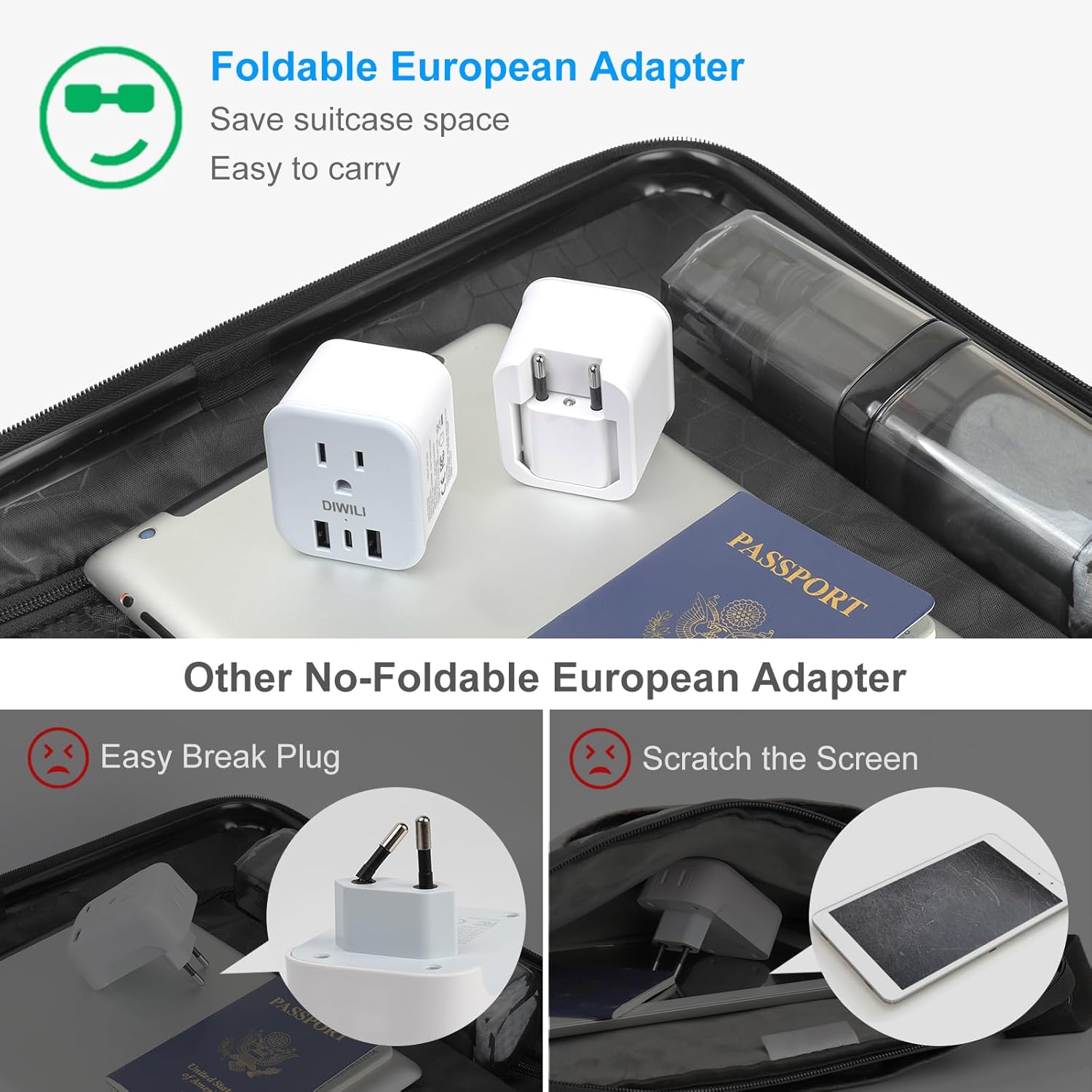 European Travel Plug Adapter, Foldable Power Adapter with 3 USB(1 USB C Port) and 1 AC Outlets, 2 in 1 Type C/L EU Outlet Adapter for US to Most of Europe France Germany Spain Italy(1 Pack)