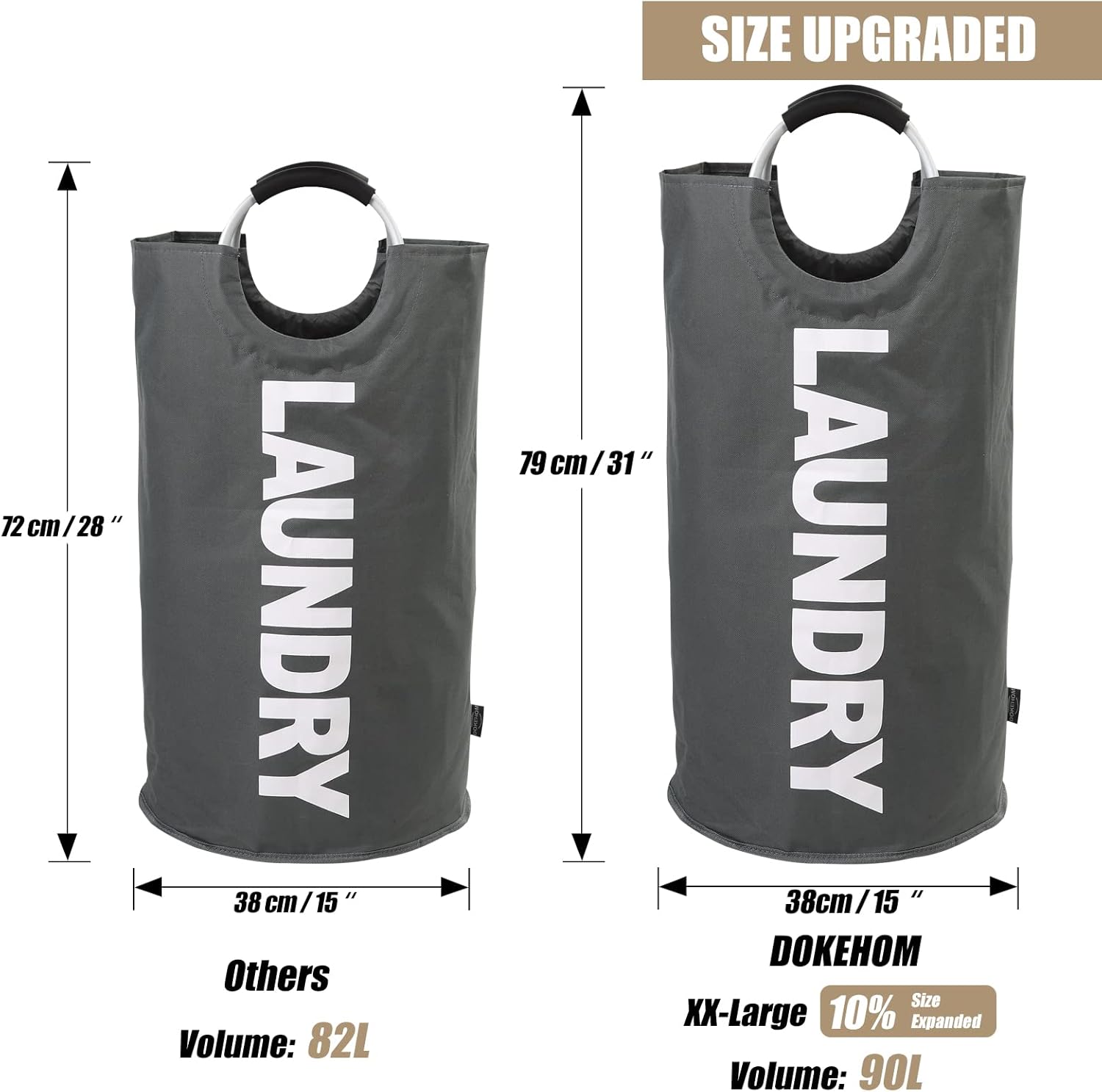 DOKEHOM 90L Large Laundry Basket, Collapsible Laundry Bag, Freestanding Tall Clothes Hamper, Foldable Washing Bin (Dark Grey)