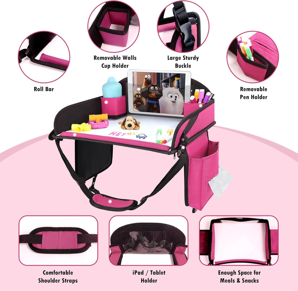 Kids Travel Tray, Travel Tray For Kids Car Seat, Toddler Road Trip Essentials With Drawing Kit, Carseat Tray For Kids Travel, Travel Activities Road Trip Must Haves For Kids (Pink-2PCS)