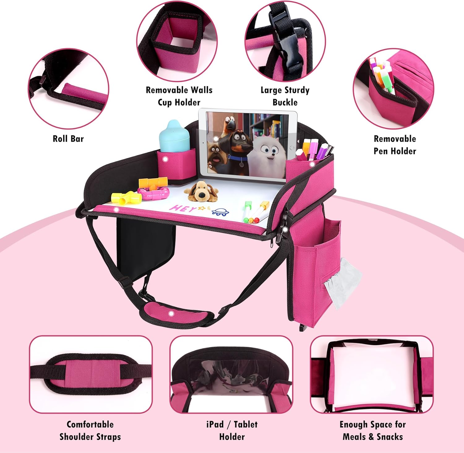 Kids Travel Tray, Travel Tray For Kids Car Seat, Toddler Road Trip Essentials With Drawing Kit, Carseat Tray For Kids Travel, Travel Activities Road Trip Must Haves For Kids (Pink-2PCS)