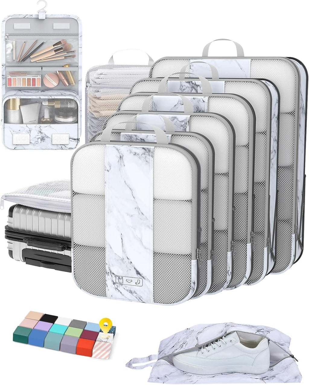 10 Set Compression Packing Cubes for Travel Essentials,Compressible Expandable Packing Cubes for Suitcase,OlarHike Luggage Organizer Bags for Travel,Handy Helper for Organizing Clothes(White Marble)