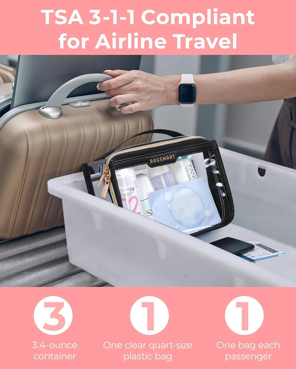 BAGSMART TSA Approved Toiletry Bag, Clear Travel Toiletry Bag, Makeup Cosmetic Pouch Bag for Women Quart Size Compliant Bag Organizer for Travel Essentials (Black Pack of 1,)