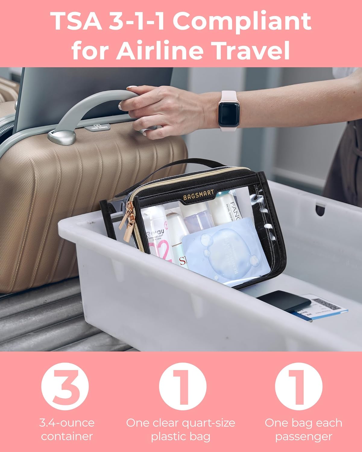 BAGSMART TSA Approved Toiletry Bag, Clear Travel Toiletry Bag, Makeup Cosmetic Pouch Bag for Women Quart Size Compliant Bag Organizer for Travel Essentials (Black Pack of 1,)