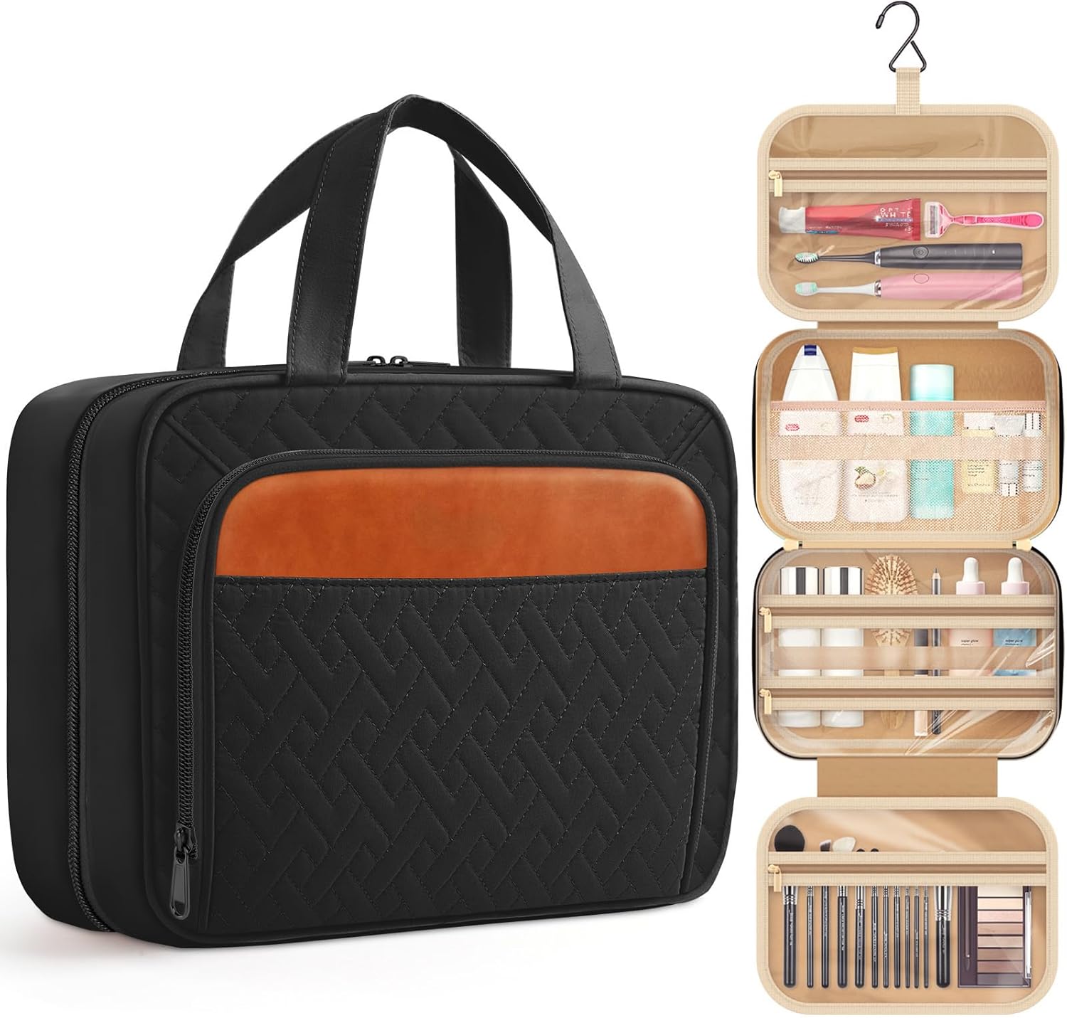 HOTOR Travel Toiletry Bag for Women & Men, Waterproof Makeup Bag with Hanging Hook and Multiple Pockets, Cosmetic Bags for Women, Travel Essentials, 11.2'' x 3.2'' x 8.9'', Black & Brown