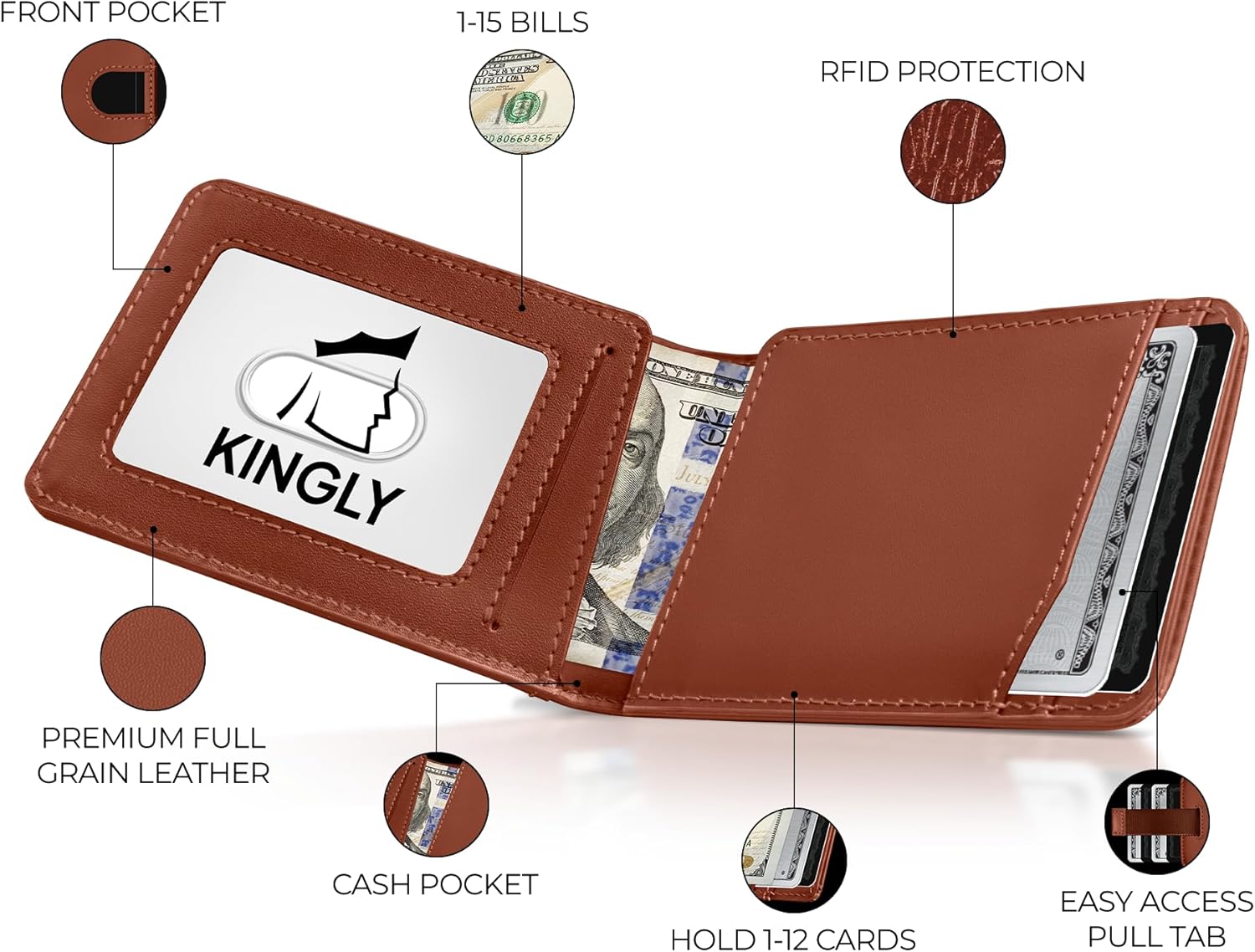Kingly Cash Pocket Slim Wallet for Men - RFID Blocking Leather Card Holder - Minimalist Men’s Wallet for Front Pockets - Holds 1-15 Cards & Cash - Durable Italian Leather Wallets