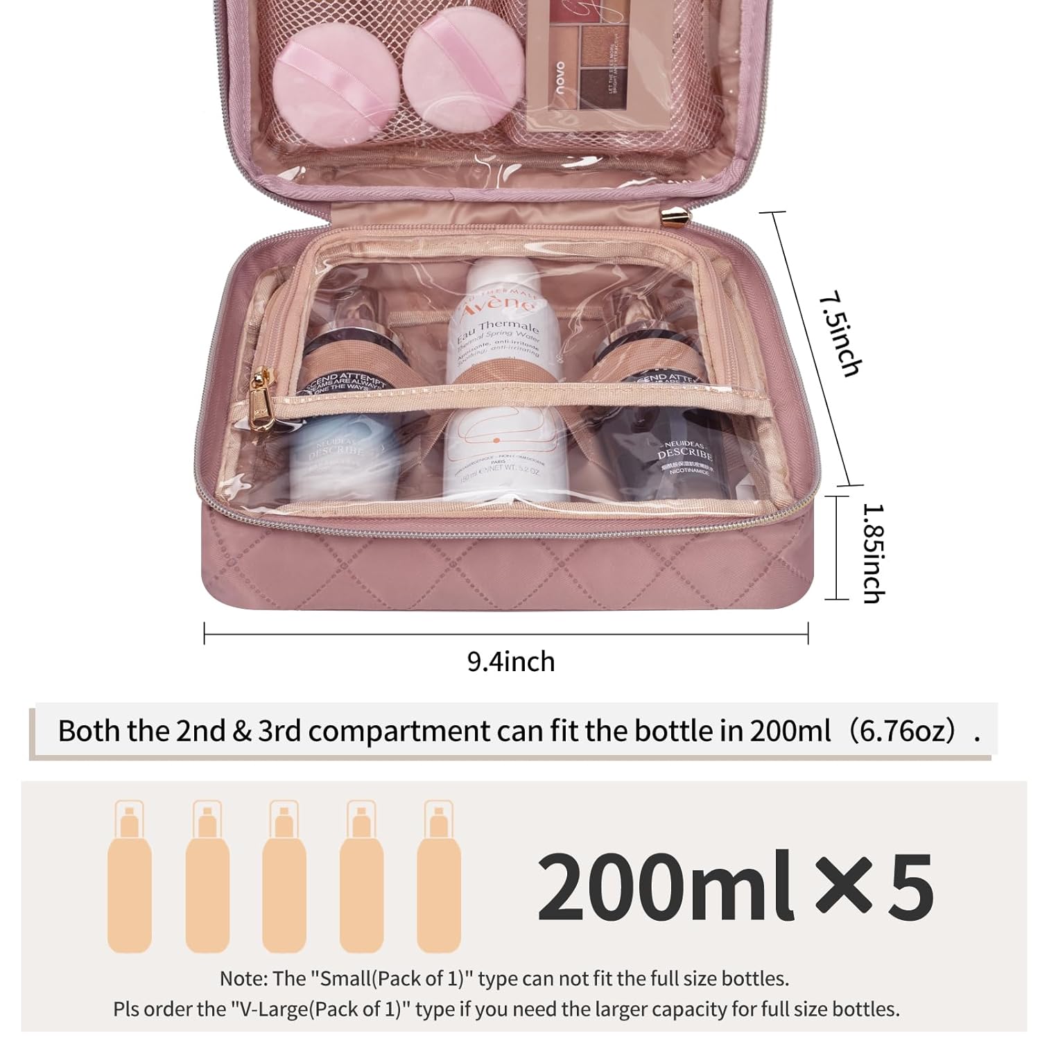 CUBETASTIC Travel Toiletry Bag, Makeup Bag for Women, Small Hanging Travel Bag for Toiletries with 3 Compartment, Portable Cosmetic Organizer Case, Water-resistant, Pink