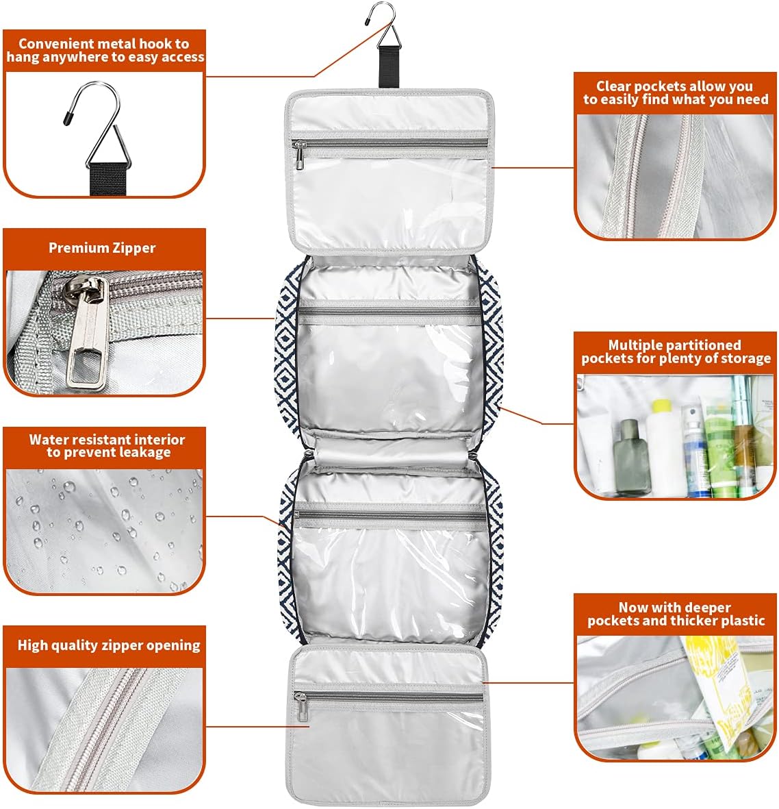 Hanging Travel Toiletry Bag,Large Capacity Cosmetic Travel Toiletry Organizer for Women with 4 Compartments & 1 Sturdy Hook,Perfect for Travel/Daily Use/Christmas