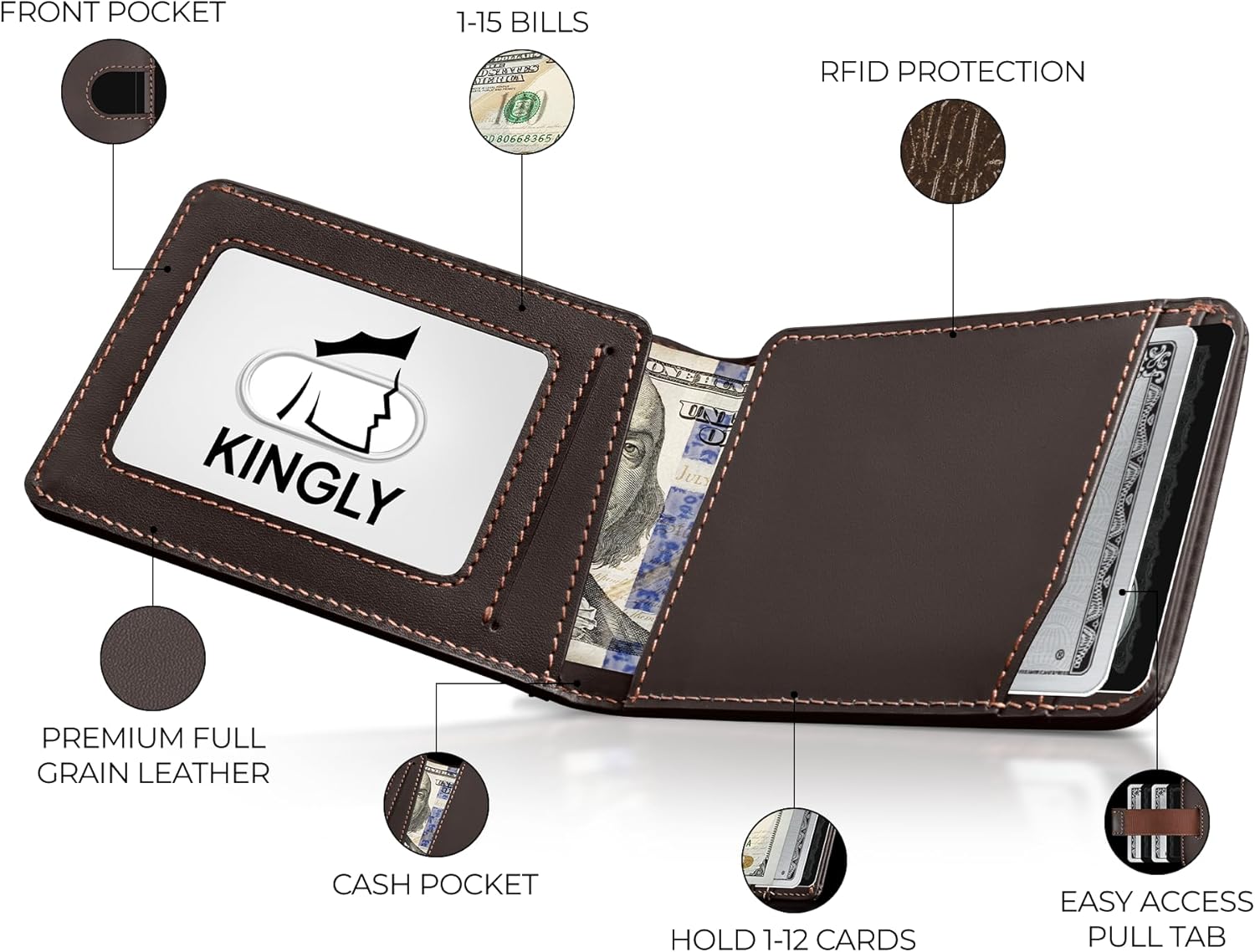 Kingly Cash Pocket Slim Wallet for Men - RFID Blocking Leather Card Holder - Minimalist Men’s Wallet for Front Pockets - Holds 1-15 Cards & Cash - Durable Italian Leather Wallets