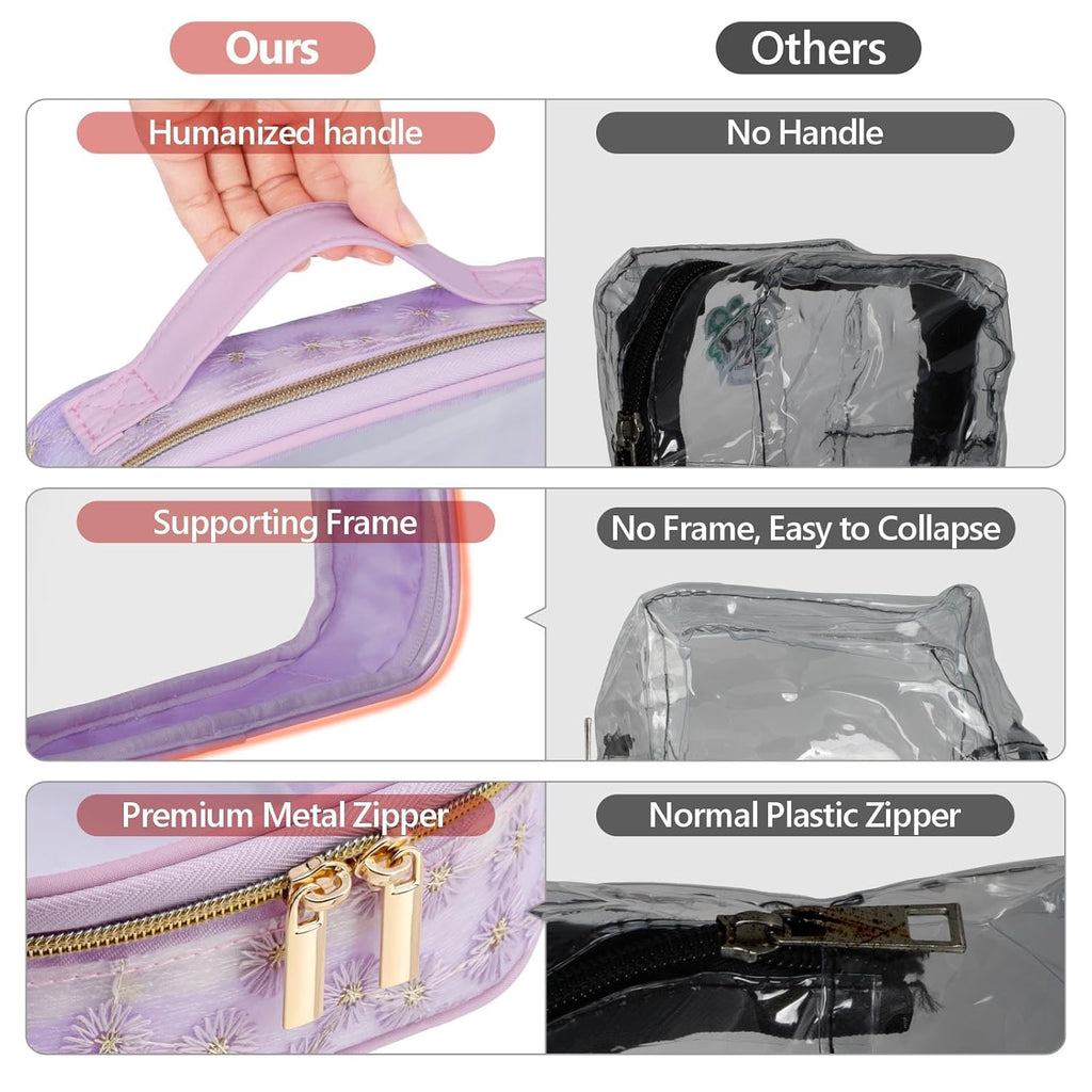 PACKISM Floral Texture Lace TSA Approved Toiletry Bag - 180° Opening Clear Makeup Bags in 2 Size, Clear Toiletry Bags with Handle, 0.5 mm Thick Non-deformable No Smell, Purple