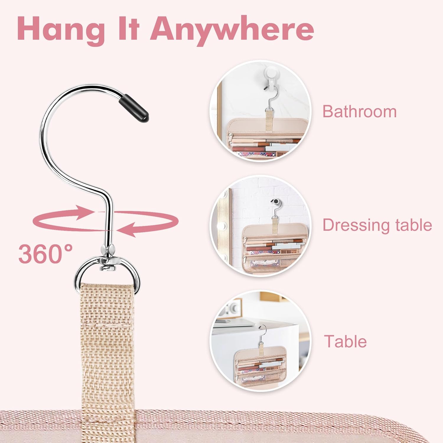 Wedama Toiletry Bag for Women, Large Cosmetic Travel Bag, Hanging Toiletry Bag for Bathroom, PVC Waterproof Makeup Bag, Toiletries Bag for Travel Business Trips and Camping, Black+Pink Floral