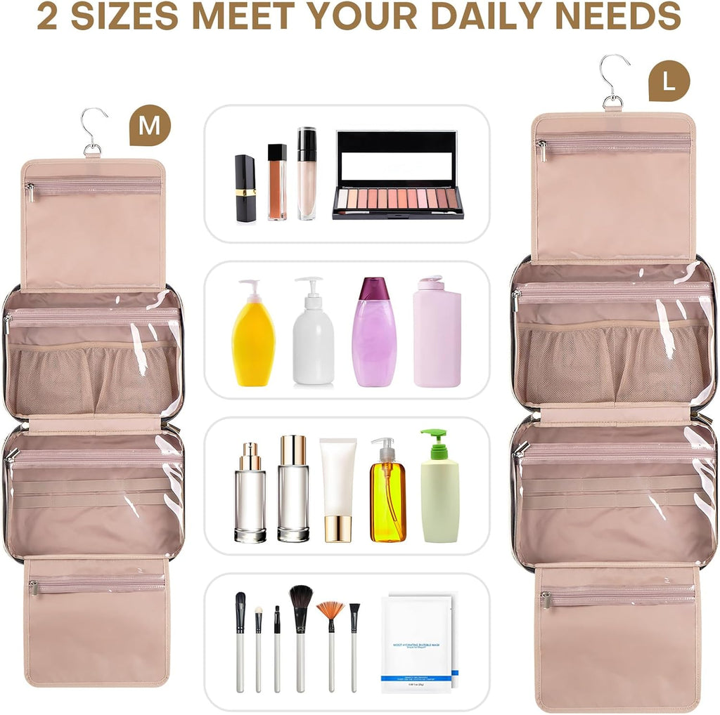 Hanging Toiletry Bag for Women Travel, 2 Sizes Large & Small Waterproof Cosmetic Organizer with 4 Compartments, Rotating Hook, Foldable Pink Travel Bag for Toiletries & Makeup - Medium Beige