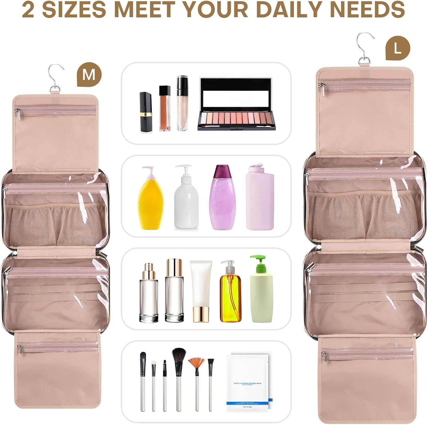 Hanging Toiletry Bag for Women Travel, 2 Sizes Large & Small Waterproof Cosmetic Organizer with 4 Compartments, Rotating Hook, Foldable Pink Travel Bag for Toiletries & Makeup - Medium Beige
