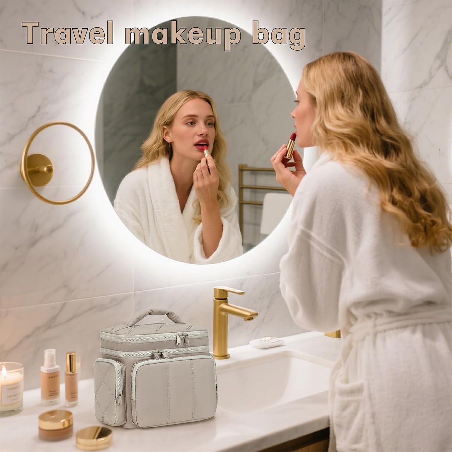 LEDAOU Toiletry Bag for Women,Quilted Travel Makeup Bag Organizer with Double Deck, Large Wide-open Cosmetic Make up Bag for Travel Essentials (Camel)