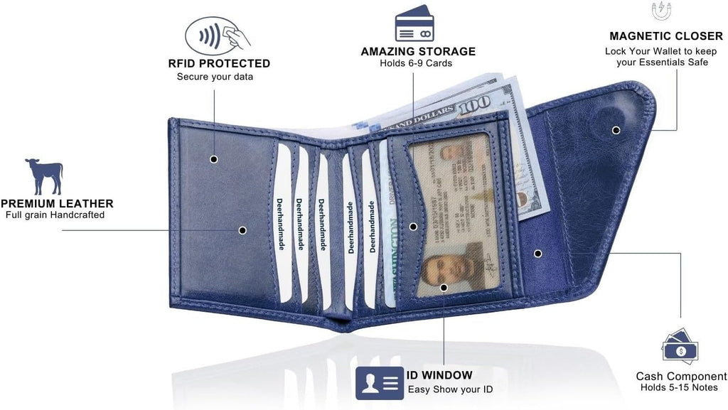 Leather RFID Wallet for Men, Slim Leather Mens Wallet, Handcraft Men's Wallets, Card Cases & Money Organizers, Magnetic Closure Sleek RFID Blocking Thin Mens Wallets with 9-12 Card Slots & Gift Box