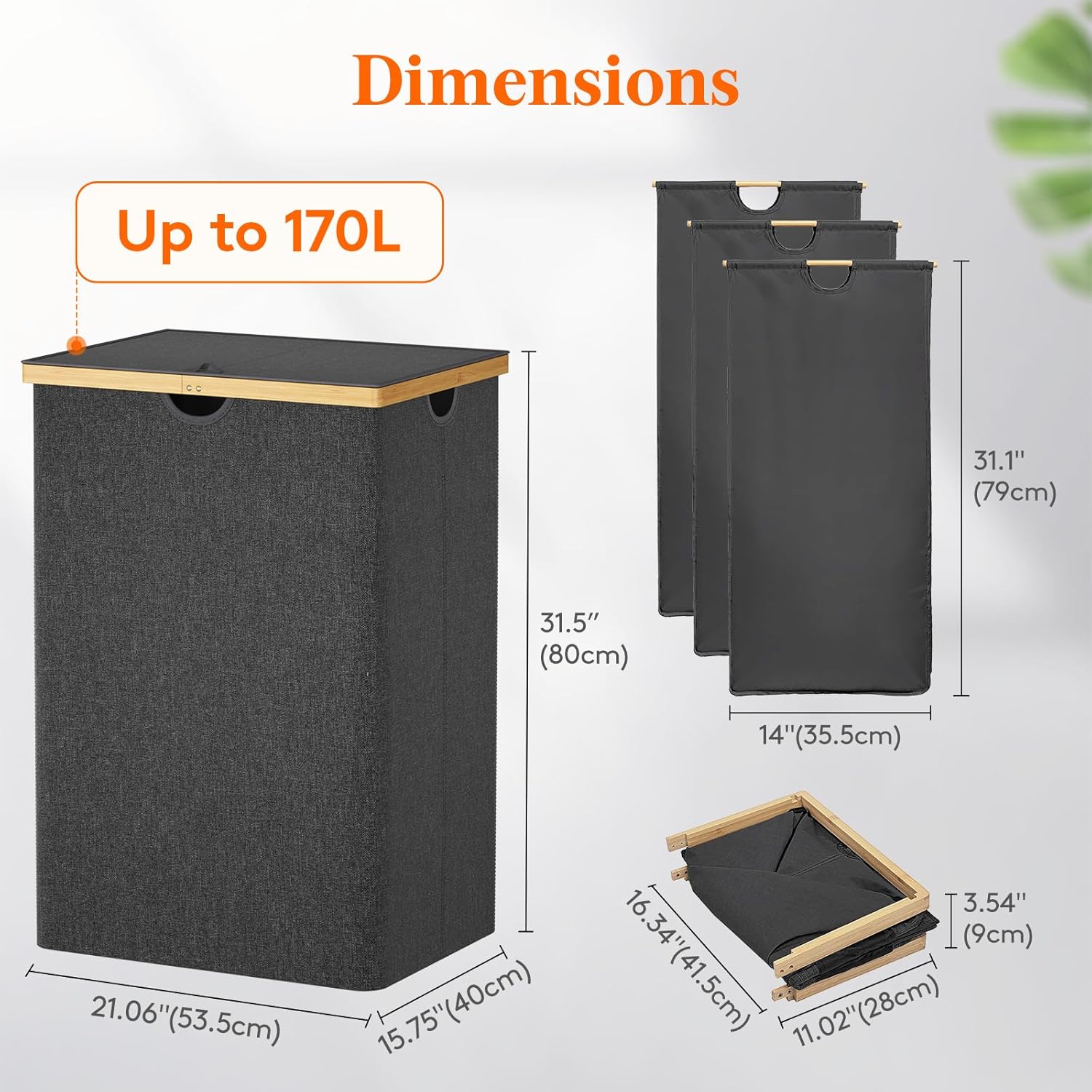 Lifewit 170L Triple Laundry Hamper with Lid, Extra Large Bamboo Laundry Basket Dirty Clothes Hamper,3 Section Laundry Bin Organizer for Laundry Room Bedroom with 3 Removable Liners & Bags, Dark Gray