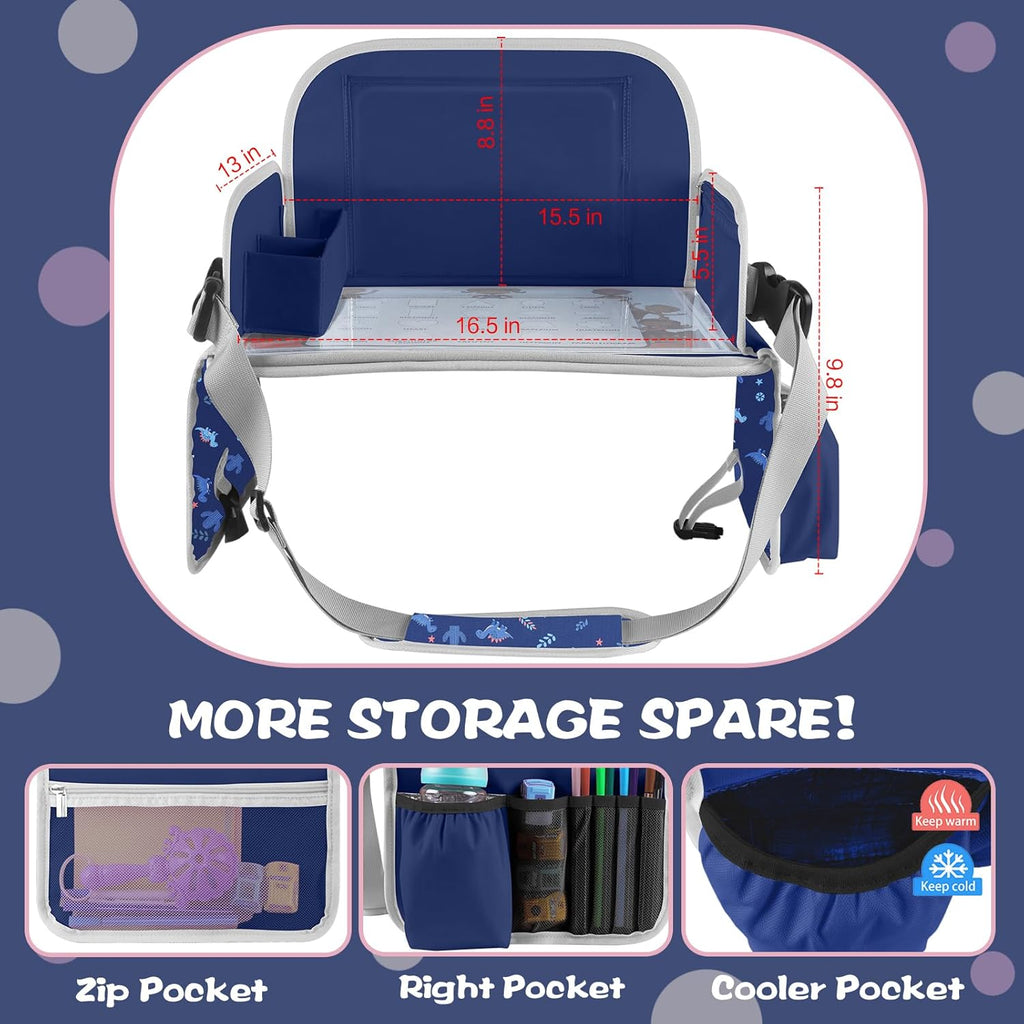 MENZOKE Kids Travel Tray, Car Seat Tray with Educational Drawing Board, Tablet Holder & Cooler Cup Holder,Essential for Car Travel & Holiday Gifts, Dinosaur Print Pattern, Dark Blue