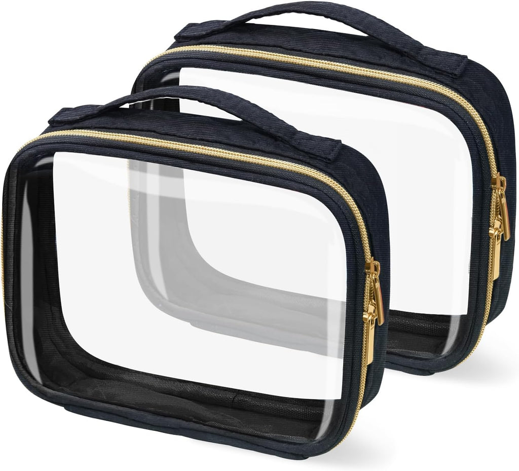 TSA Approved Travel Toiletry Bag,2 Pack Clear Makeup Bags with Handles,Quart Size Clear Cosmetic Bags for Traveling Women,Men,Carry on Airport Airline Compliant Bag,Black