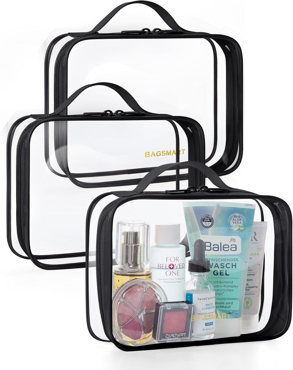 BAGSMART TSA Approved Clear Toiletry Bag, 3 Packs Quart Size Water Resistant Makeup Cosmetic Bags for Women, Airport Airline Travel Essential Carry On Organizer with Handle Large Opening, Black