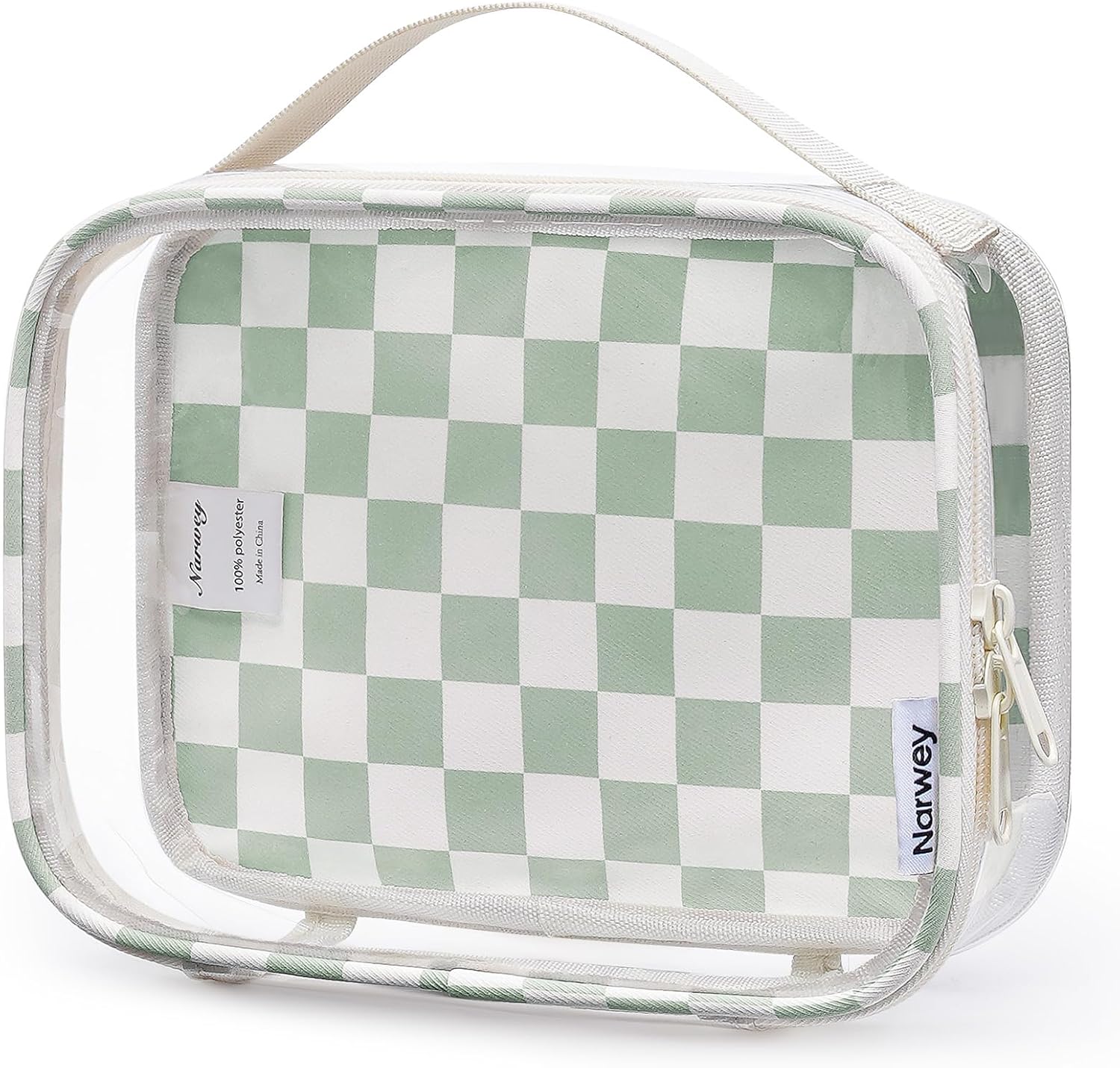 Narwey TSA Approved Clear Toiletry Bag for Travel, Waterproof PVC Clear Makeup Bags, Portable Compact Cosmetic Bag Make Up Organizer, Airport Airline Quart Size Compliant Bag (Mint Green Checkerboard)