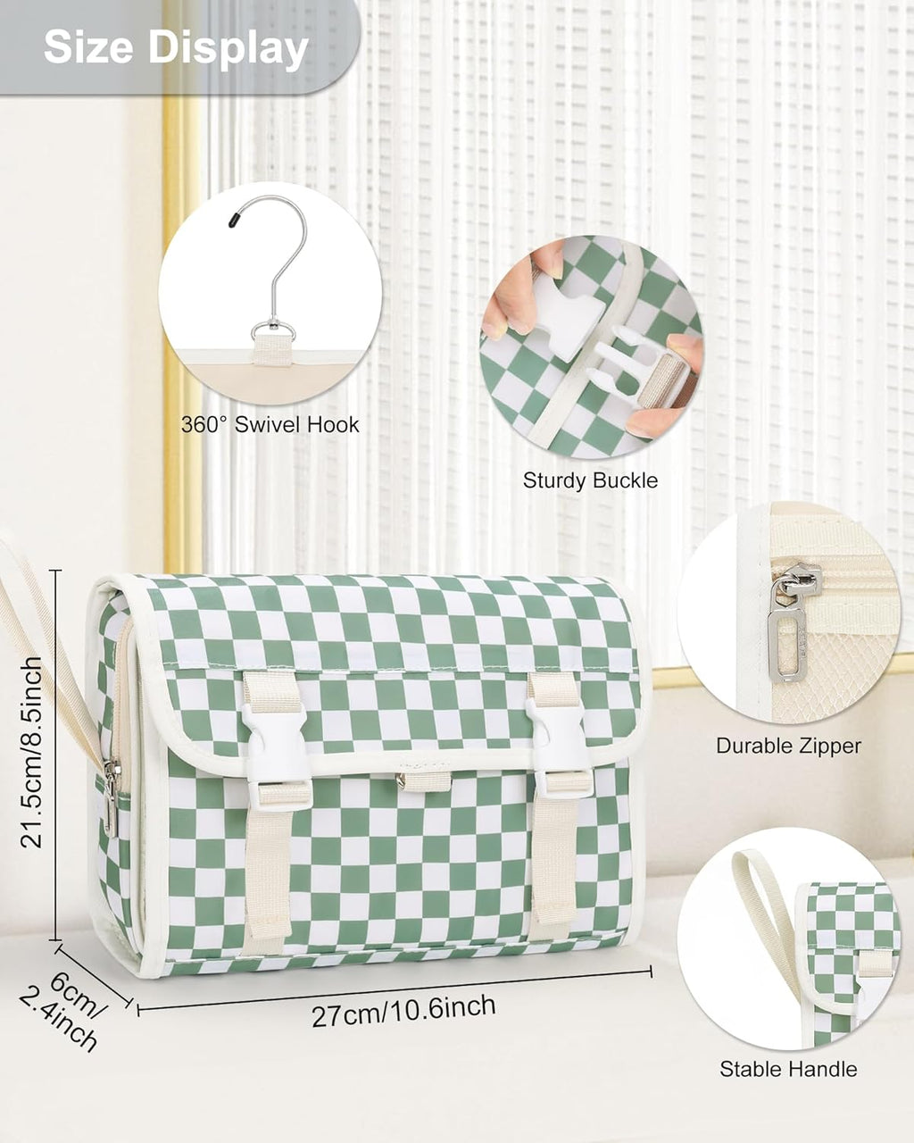 Relavel Travel Hanging Toiletry Bag for Women, Large Capacity Wash Bag with 360 degree Rotation Hanging Hook, Portable Toiletries Makeup Organizer Storage for Daily Use, Trip, Camping - Green Plaid