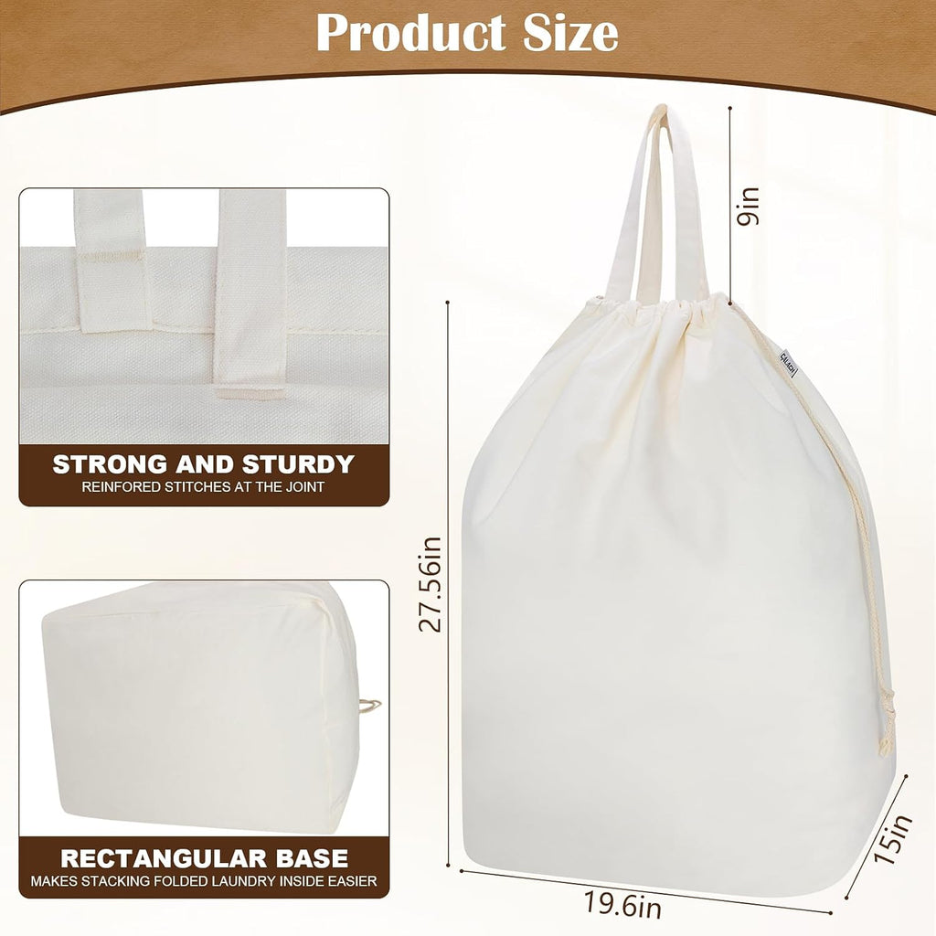 Canvas Laundry Bags with Handles & Rectangular Base, 90L Extra Large Heavy Duty Laundry Basket Hamper Liner Replacement, Washable Cotton Drawstring Dirty Clothes Bag