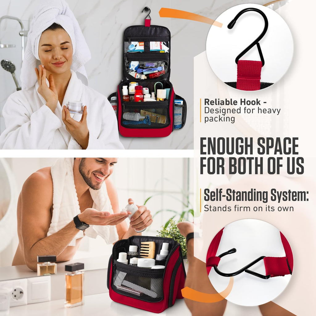 VENTURE 4TH Hanging Travel Toiletry Bag for Women & Men - Travel Organizer with Expandable Compartments & Removable Clear Pouch for Toiletries (Red)