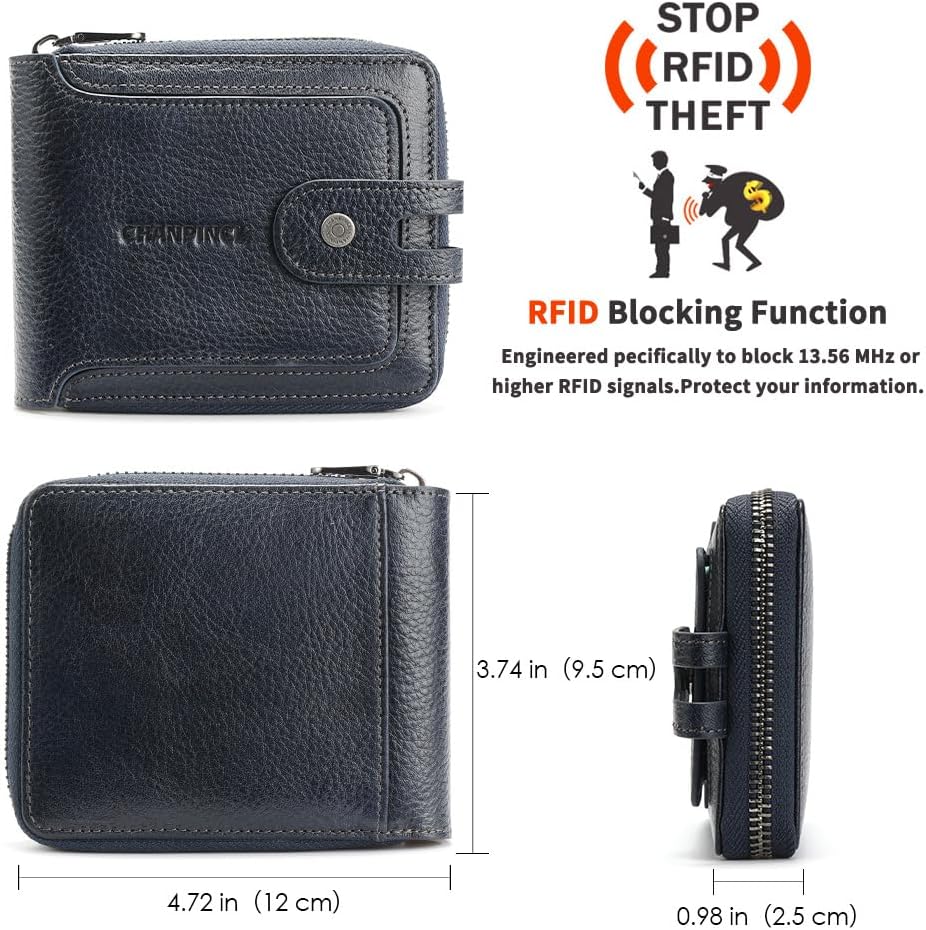 Men's brand buckle driver's license zipper genuine leather wallet, large capacity, multifunctional coin pocket (Bluish grey)