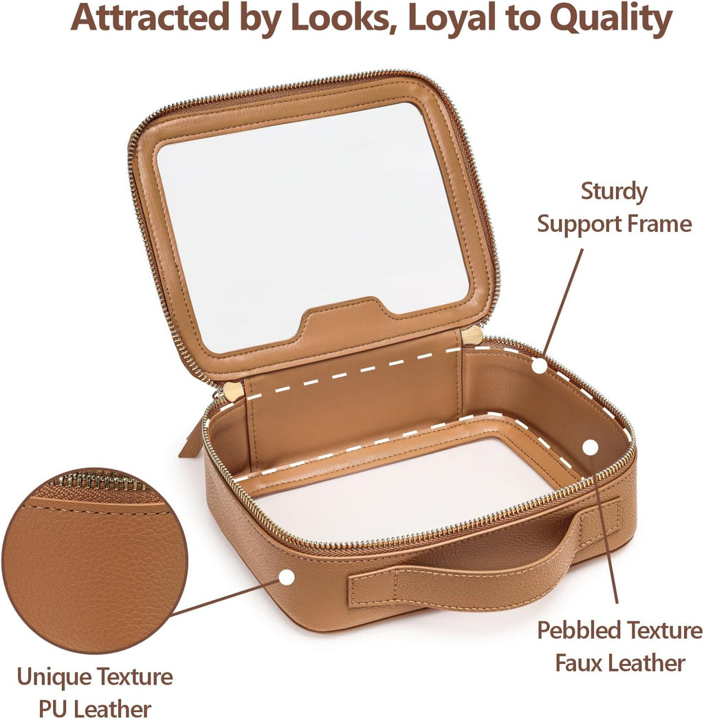 PACKISM Medium Clear Makeup Bag - Pebbled Texture & Hard PU Leather Car Bag for Organizing Car Consoles, with Message Card Clear Cosmetic Makeup Case for Women Gift (Khaki Medium)
