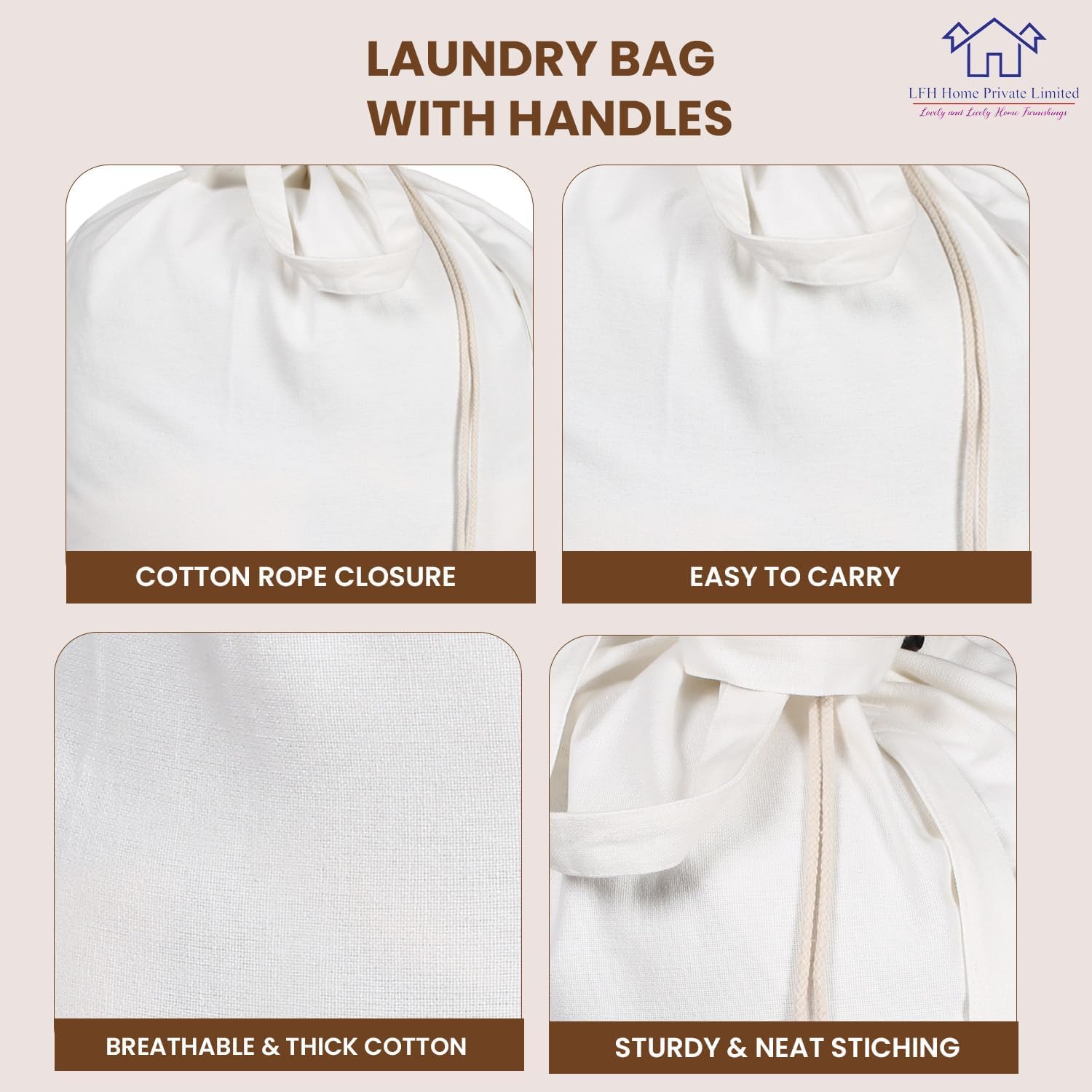 LFH Home Cotton Canvas Large Laundry Bag with Handle, Heavy Duty Drawstring Closure Washable Laundry Bags, School Travel, Home, Hotel, College Dorm, Organizer Sack, Toy Clothes 28x40 (Pack of 6)-White