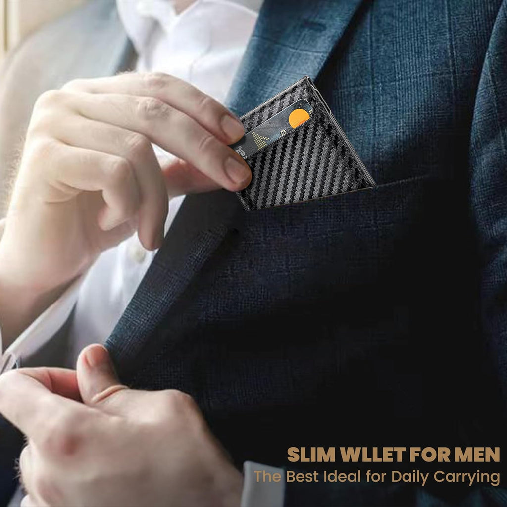 Wallet for Men Newly Upgraded Magnetic Minimalist Slim Men’s Wallet, RFID Blocking Mens Wallet with Money Clip & ID Window, Metal Compact Wallet with Nice Gift Box (Carbon Fiber)