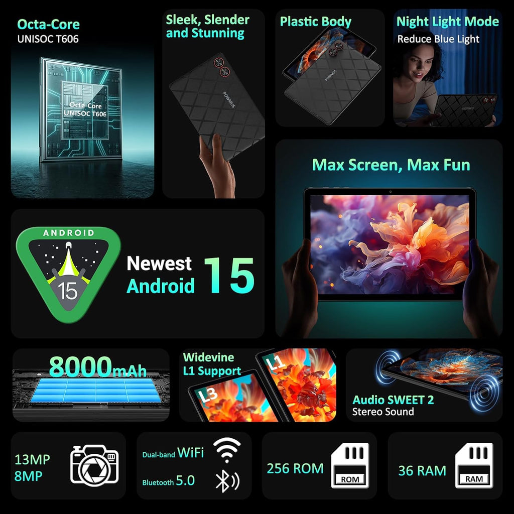 Android Tablet, 11" Android 15 Tablet, 2K FHD Display Tablets, 36GB RAM (12+24) & 256GB ROM,1TB Expandtion, Octa-Core, 8000mAh, WiFi 6, BT 5.0, HD IPS Large tableta, Keyboard & Mouse Included
