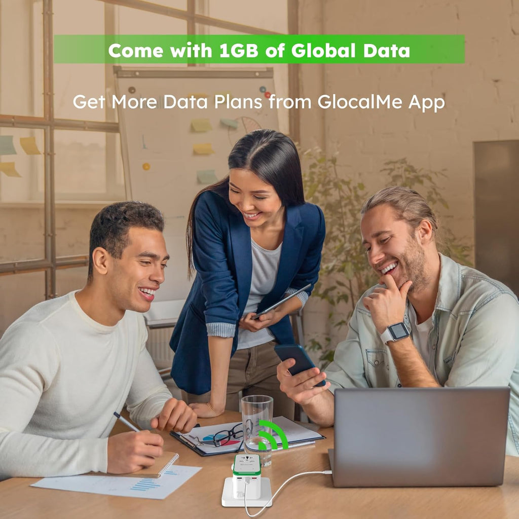 GlocalMe RoamPlug Universal Travel Adapter with 4G WiFi Mobile Hotspot and US 1GB Data, All-in-One International Power Plug Adapter, 4 USB Ports and Max 70W Output for EU UK AUS